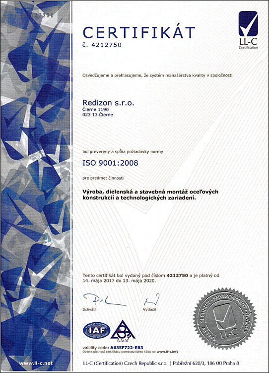 Certifikát pro výrobu, dílenskou a stavební montáž ocelových konstrukcí a technologických zařízení.